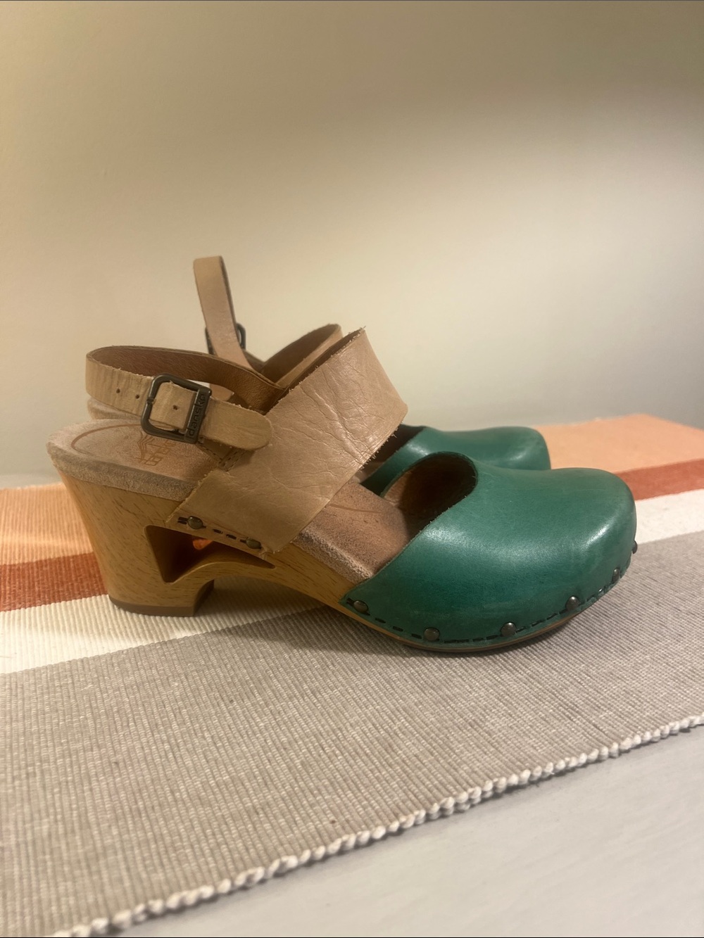 Dansko Thea Green and Tan Leather Clogs
